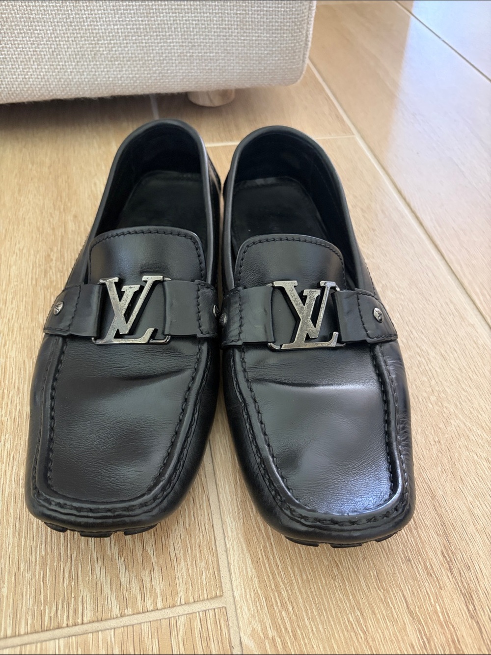 Louis Vuitton Black Leather LV Buckle Slip-On Loafers